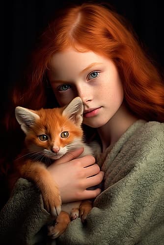 Little girl holding baby fox. AI Generated. Animals Print